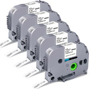 5Pack Replacement for Brother P-Touch Label Tape TZe-231 TZe231 12mm 0.47 Laminated White TZe TZ Label Refills Compatible with Brother Label Maker PT-D210 PT-D220 PT-H110 PT-D600 PT-D400, 8m 26.2ft (Black on White)