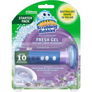 Scrubbing Bubbles Fresh Gel Toilet Bowl Cleaning Stamps, Helps Keep Toilet Clean and Helps Prevent Limescale & Rings, Lavender Scent, 1 Dispenser with 6 Fresh Gel Stamps