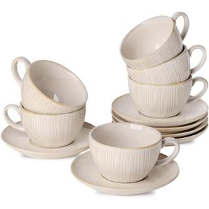 HVH 10 oz Porcelain Cappuccino Cups with Saucers, Latte Cup and Saucer Set of 6, Latte Art Cup and Saucer, For Latte, Cafe Mocha, Cappuccino and Tea (Cream)