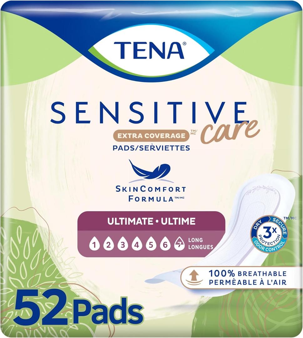 Tena Sensitive Care Incontinence Pads, Postpartum & Bladder Control Pads for Women, Ultimate Absorbency, Extra Coverage, Long, 52 Count