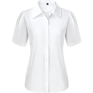 Button Down Shirts for Women Puff Short Sleeve Button Up Dress Shirts Collared Fitted Blouse Work Business Top L