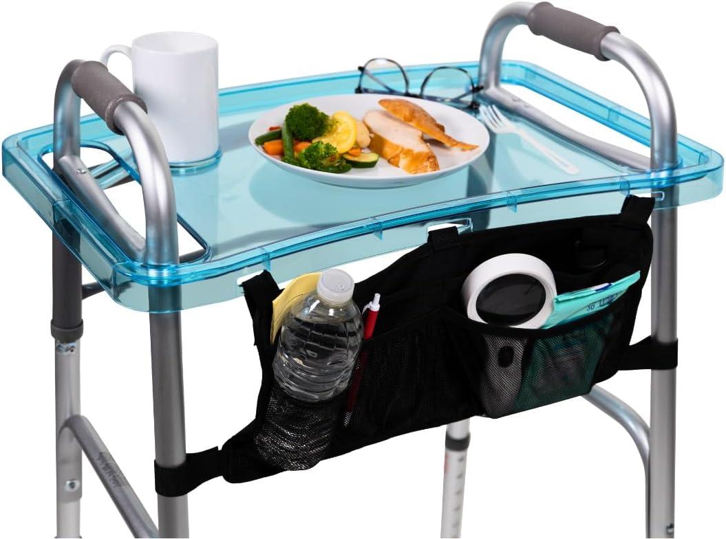 StrongArm Clear View Walker Tray + Bag + Non-Slip Mat & Cup Holder, Tray for Folding Walkers, Food Tray, Walker Accessories, Tray Table for Standard Adult Walkers (Blue)