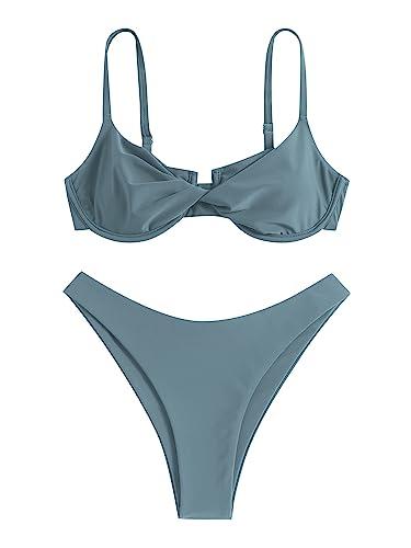 ZAFUL Women's Twist Front Bikini Sets Underwire Tie Back Bikini High Waisted Two Piece Swimsuit (1-Haze Blue, L)