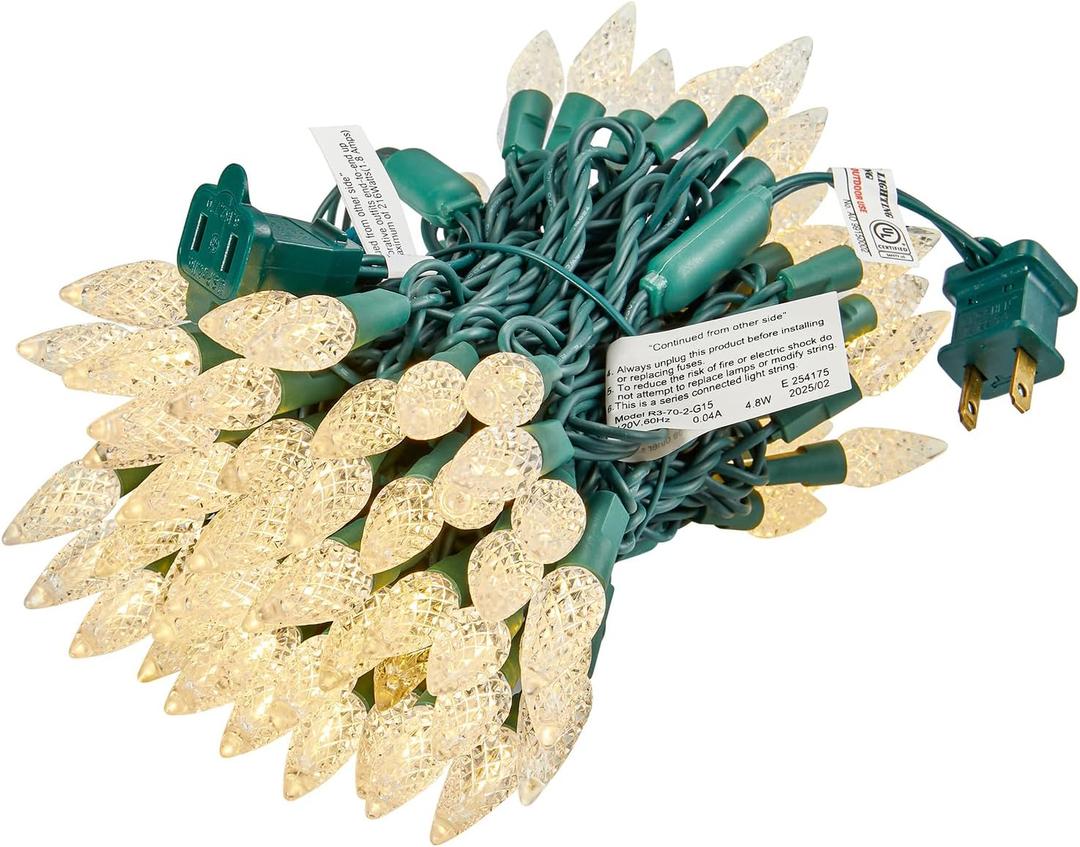 BOHON Christmas Lights Outdoor, Faceted C6 17ft 50 LED String Lights Plug in, Extendable Green Wire Warm White Christmas String Lights for Indoor Xmas Tree Decoration Waterproof