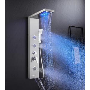 5 in 1 Shower Panel Tower System with LED Lights, Rainfall and Waterfall Shower Head, 3 Pcs Adjustable Body Jets, Handheld Shower, Tub Spout (Brushed Nickel)