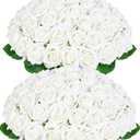 50 Pcs White Roses Artificial Flowers, Real Touch Velvet Roses Bouquet Fake Flowers Bulk, Artificial Roses with Long Stems for Birthday Gift Women Mom DIY Bridal Wedding Centerpiece Decorations