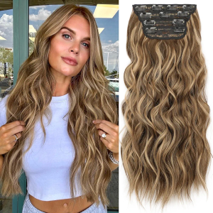 KooKaStyle Hair Extensions Medium Brown mix Caramel Blonde Clip in Synthetic Highlight Hair Extensions Long Wavy 4PCS Thick Hairpieces 20 Inch for Women