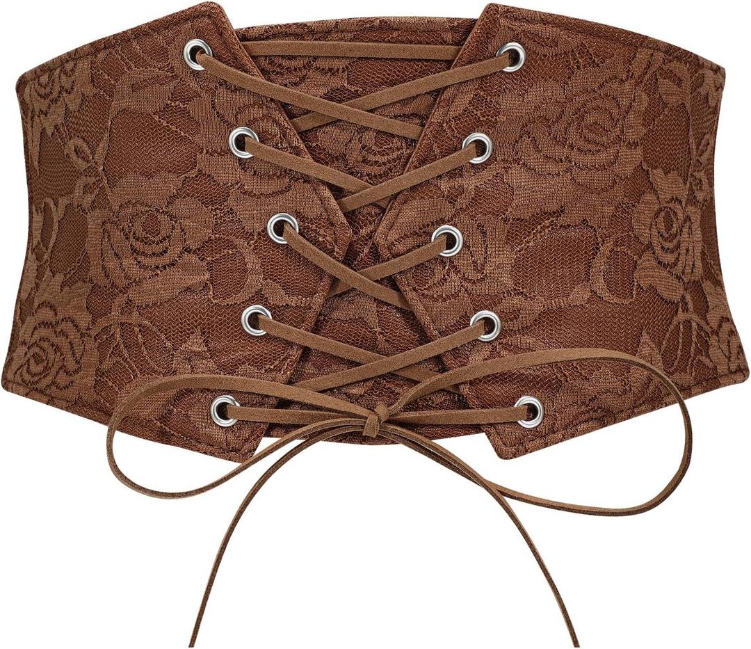 TRIWORKS Women Waist Belt Corset Lace Up Tied Waspie Elastic Wide Belt for Dresses Halloween Pirate Corset (Fit Waist Size 27"-31", Dark Coffee)
