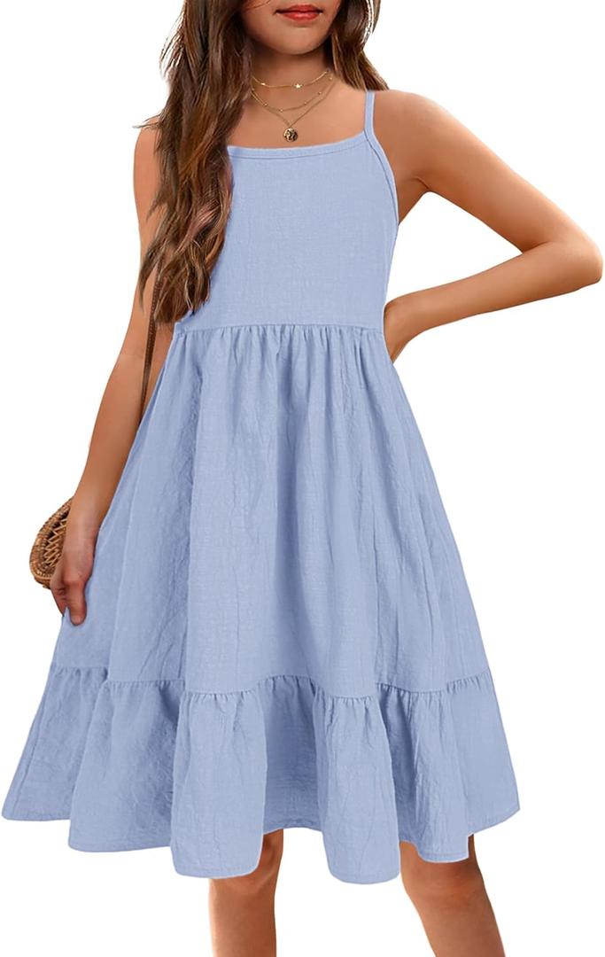 Arshiner Girl's Summer Sundress Spaghetti Strap Solid Linen Midi Dress Casual Cami Dresses (12-13 Years, Blue)