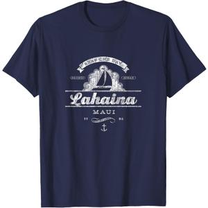 Lahaina Maui HI Sailboat Vintage Nautical T-Shirt (Small, Navy Blue)