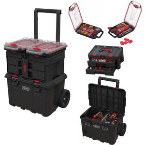 Keter Stack-n-Roll Modular Tools Organizer for Garage Storage and DIY, 4 Piece Resin Rolling Tool Box System for Small Parts, Black