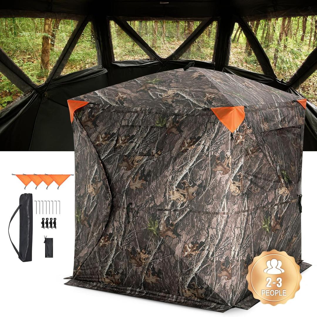 VEVOR Hunting BlindSee Through Ground Blinds with Carrying Bag, 360 Degree Portable Camouflage TentDurable Concealed Shelter with Silent Side Door and Window, for Turkey and Deer (2-3 Person)