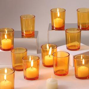 LETINE 12pcs Vertical Stripe Glass Candlestick Holders & Amber Votive Candle Holders