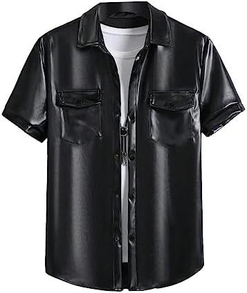 WDIRARA Men's Pu Leather Flap Pocket Short Sleeve Button Up Shirt Party Collar Top S