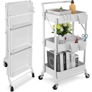 Foldable 3 Tier Metal Utility Rolling Cart, Folding Mobile Multi-Function Storage Trolley Organizer Cart for Home Library Office(White)