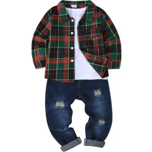Renotemy Toddler Boy Clothes Fall Winter Outfits 3Pcs Fashion Flannel Shirts Ripped Jeans Pants Kids Boys Clothing Sets (6-7 Years, Dark Green)