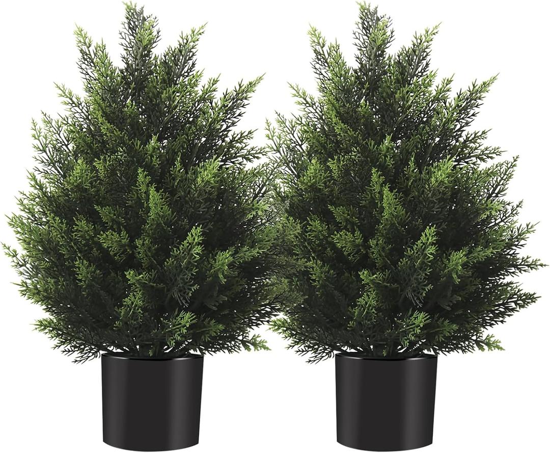 2FT Artificial Cedar Topiary Tree Lifelike Faux Cedar Pines Christmas Trees UV Rated Faux Shrubs Everygreen Plants for Front Porch Outdoor Decor Set of 2