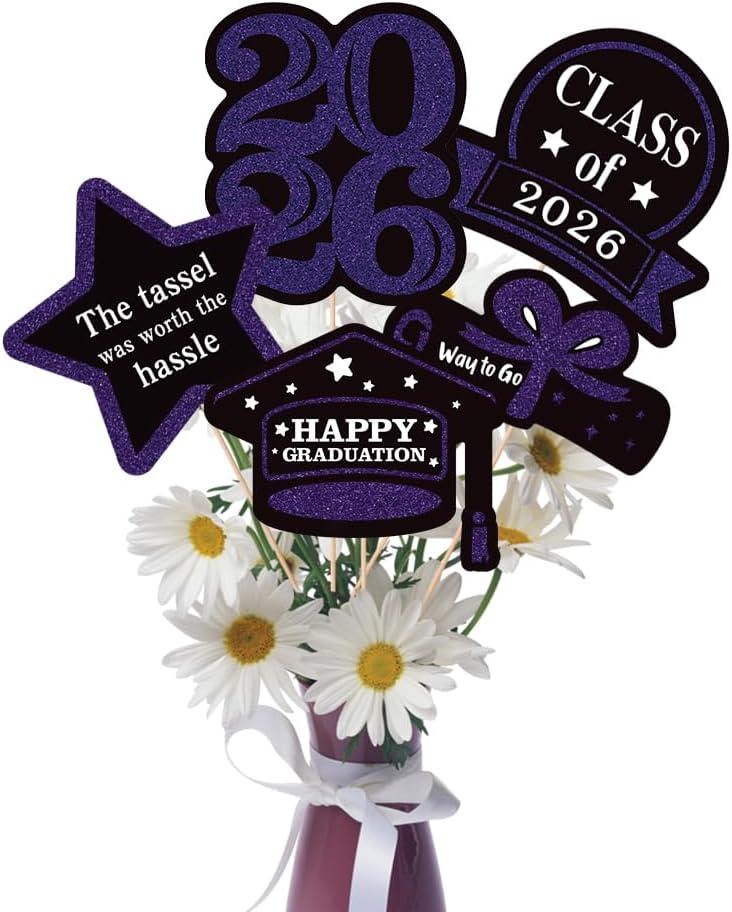 2 x 25 Pcs Purple and Black Class of 2026 Congrats Grad Table Centerpieces Congratulate Graduation Centerpiece Sticks for Graduation Party Decorations