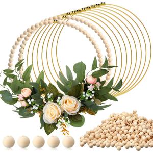 Huquary 10 Sets 12" Wood Bead Wreath for Crafts Rustic Wooden Wreath Ring 10 Pcs Metal Floral Hoop with 800 Pcs Wooden Beads for DIY Farmhouse Wedding Door Wall Hanging Decor