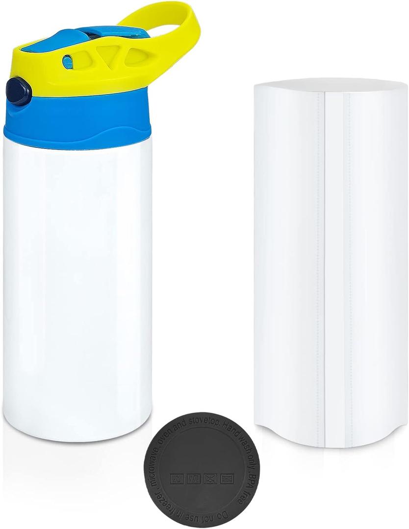 Kids Sublimation Tumbler,12oz Sublimation Water Bottle Blanks,Straight Stainless Steel Todder Sippy Cup,Double Wall Insulated Sippy Tumbler with Handle,Shrink Films,Leak Proof (Yellow)