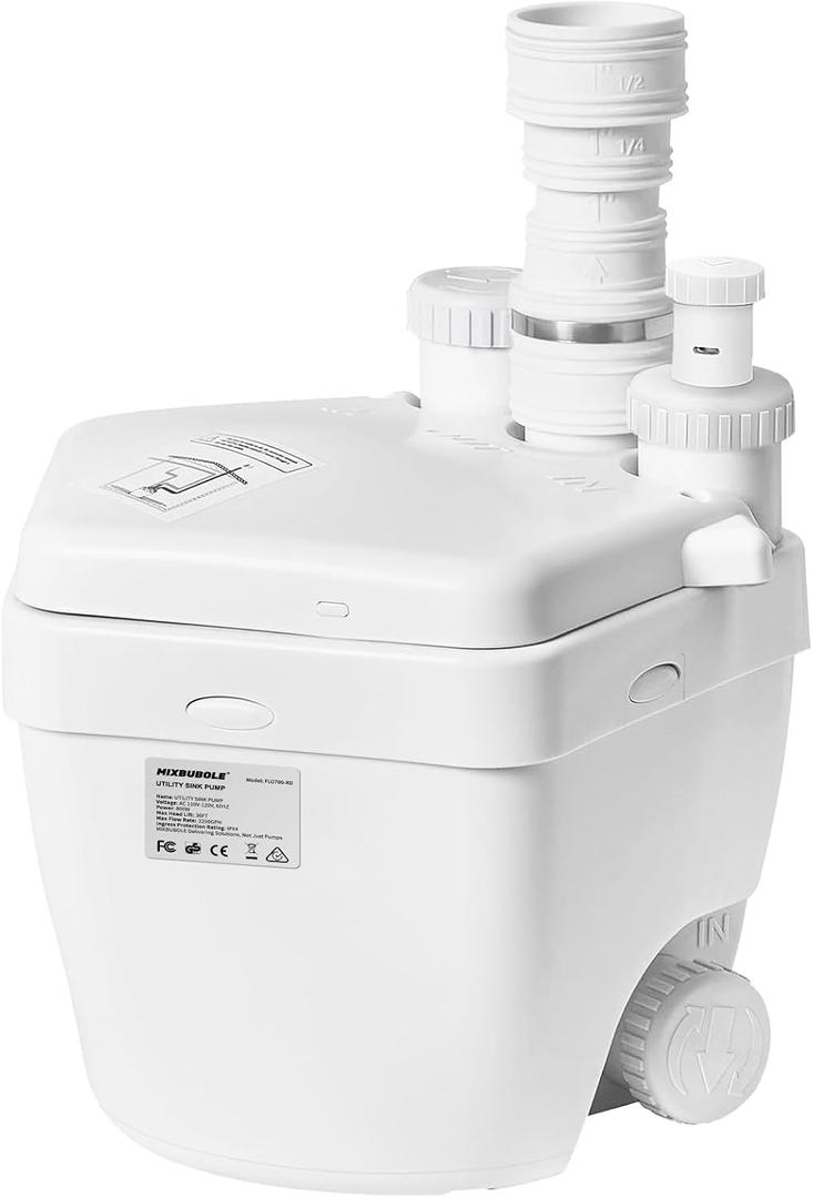 Upgraded 1 HP Utility Sink Pump with PCB Function Upflush to 36FT 2200GPH Under Sink Pump with 3 Water Inlets 1 Outlets Macerating Toilet System for Sink Shower Wash Bin Urinal Kitchen Basement