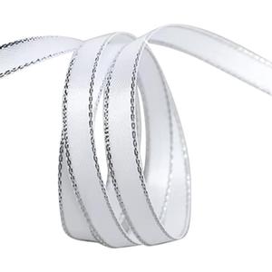 100 Yards 3/8 Inch White Silver Ribbon Double Edge Metallic Border Ribbon Polyester Grosgrain Ribbons Bulk with Spool for Sewing Making Crafts Wedding Bouquet Gift Wrapping Christmas Supply