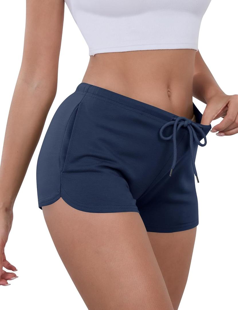 IECCP Sweat Shorts Women Comfy Workout Athletic Dolphin Shorts Low Rise Lounge Pajama Mini Shorts with Drawstring and Pockets (Medium, Navy Blue)