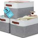 OrganiHaus Extra Large Fabric Storage Baskets for Shelves 3 Pack, 16x13in Closet Storage Bins for Shelves, Canvas Baskets for Organizing, Linen Closet Organizers, Cloth Basket, Gray/Off-White