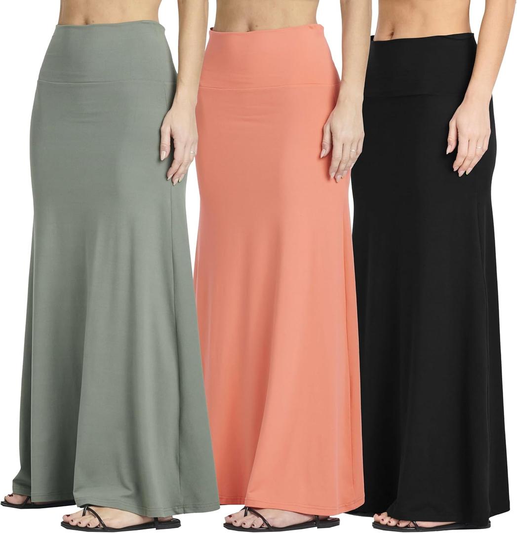 Real Essentials 3 Pack: Women's Ultra-Soft Flowy Maxi High Waisted Long Skirts, Small