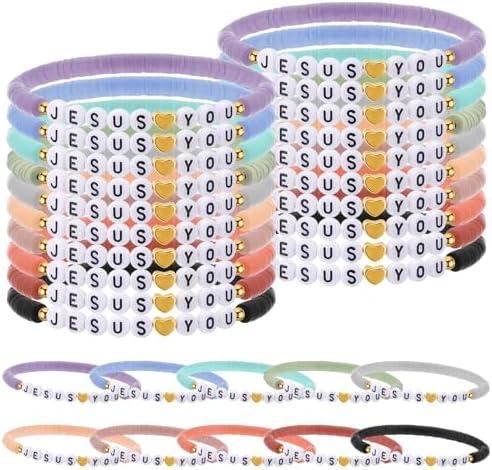 Landical 30 Pcs Jesus Loves You Bracelets Bulk Friendship Bracelets Clay Bead Christian Wristbands for Kids Religious Jesus Loves You Wristbands Halloween Christmas Sunday(Morandi)
