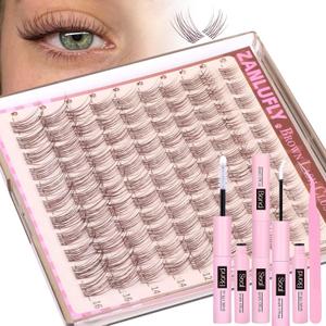 Brown Lash Clusters Kit Natural Dark Brown Eyelash Clusters Wispy Lash Extension Kit Brown Cluster Eyelash Extensions Kit 8-16MM DIY Individual Lashes with Lash Bond and Seal Tweezers by ZANLUFLY