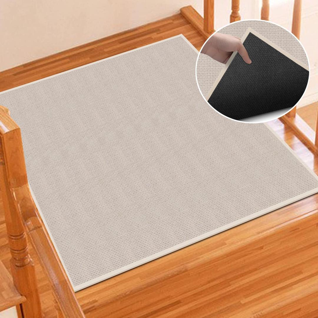 GOYLSER Rubber Stair Landing Mat Beige, Non Slip Stairs Matching Rug for Wooden Steps Indoor, 31" x 31" Square Stairway Floor Mat (2'7" x 2'7")
