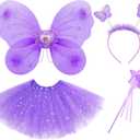 VEKDA 4 Pack Fairy Costume for Girls Butterfly Wings Kids Princess Costume Set with Tutu Skirt,Headband,Fairy Wings and Wand (Purple)