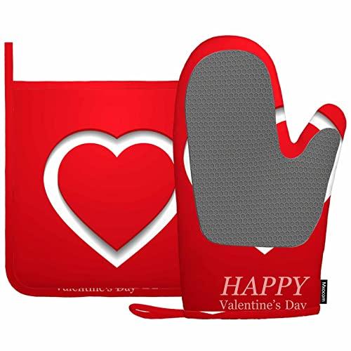 Mxocom Happy Valentine Day Greeting Card with White Heart Silicone Oven Mitts and Pot Holders Sets BBQ Gloves for Kitchen,Cooking,Baking,Grilling One Size