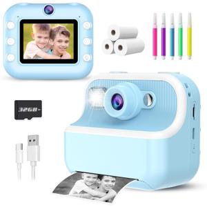 Kids Camera Instant Print, Christmas Birthday Gifts for Kids Age 3-12, HD Camera for Kids with Printing Photo Paper, Portable Toy for 4 5 6 7 8 9 10 Year Old Girl with 32GB SD Card-Blue