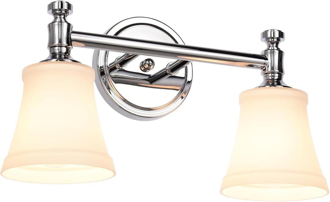 Bathroom Vanity Light Fixtures, Traditional Chrome 2 Lights Wall Sconce Lighting with Opal Glass Shade, Porch Wall Mount Light Fixture for Bathroom, Mirror Cabinets Hallway Stairs