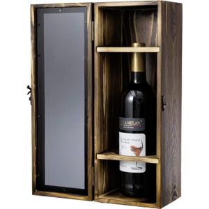 MyGift Bottle Gift Box with Translucent Black Acrylic Window, Decorative Holder Display, Whiskey Collector Storage Case with Metal Latch Closure, Rustic (Burnt Wood)