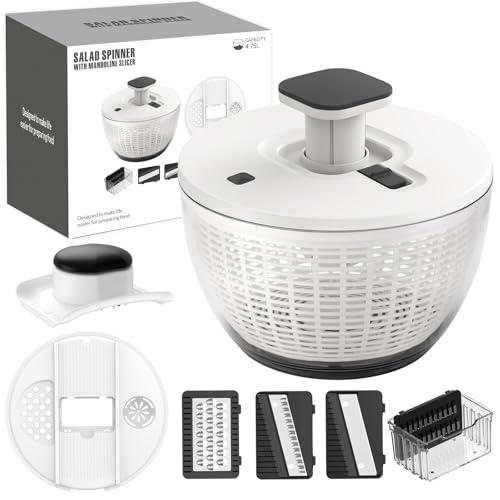 Salad Spinner Large, Lettuce Spinner, Fruits and Vegetables Washer with 4 Blades Slicer, One-handed Easy Press Large Vegetable Dryer Salad Mixer, 5 Quart Capacity, Grey