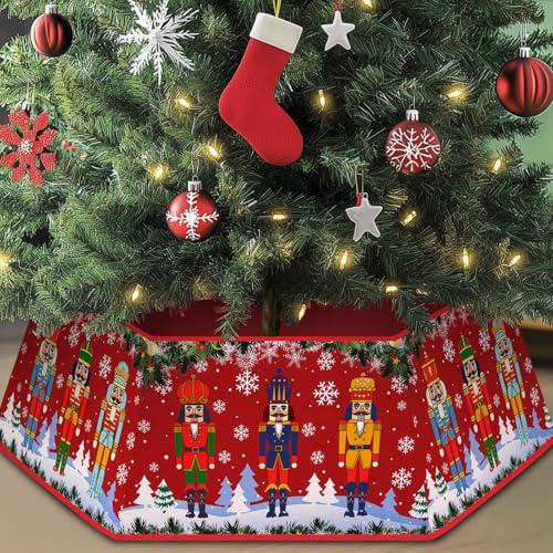 Nutcracker Christmas Tree Skirt, Red Nutcracker Christmas Tree Collar for Artificial Trees, Fabric Hexagonal Xmas Trees Collar Mat Xmas Holiday Party Decorations