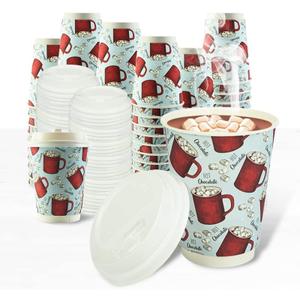 Upper Midland Products [100 Sets] 12 oz Double Wall Insulated Disposable Hot Chocolate Cups and Lids - Recyclable To Go Hot Cocoa Christmas Cups