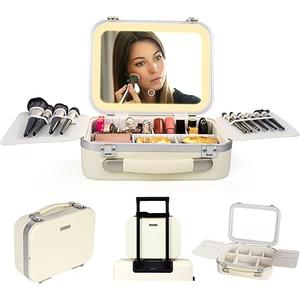 Lighted Makeup Case with Mirror - Standard Size 11.4" x 9" - Travel Makeup Train Case With Mirror - Rechargeable LED Travel Vanity Case with Adjustable Brightness - Train Case Makeup Bag - White
