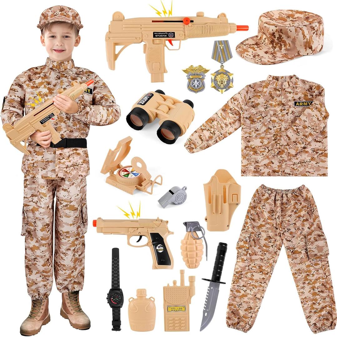 deAO Army Soldier Dress Up for Kid Military Costume Set Role Play with Helmet Accessories Solider Boy Dress up Halloween (Large, Yellow)