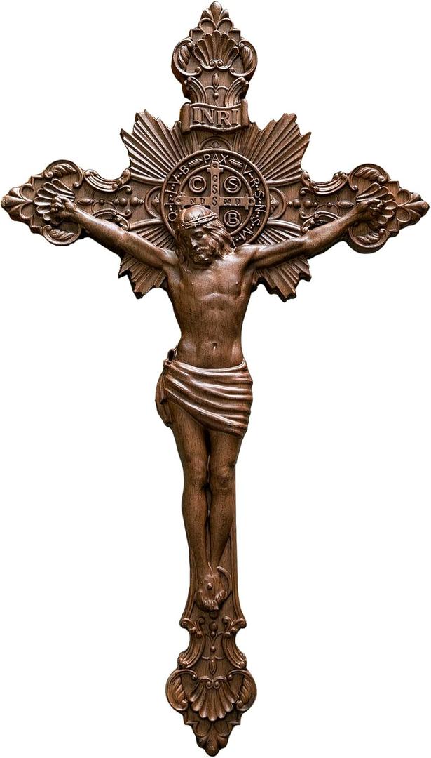 BGCOPPER Saint Benedict Crucifix Wall Cross, Wooden Jesus Cross for Wall, Catholic Crucifix for Wall, St Benedict Cross Wall Decor for Home Easter Christmas Gift (14 Inch) (13.8L" x 7.9W", Vintage)