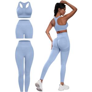 3 Piece Workout Sets for Women Butt Lifting Leggings with High Impact Sports Bra Gym Shorts (Medium, Light Blue)