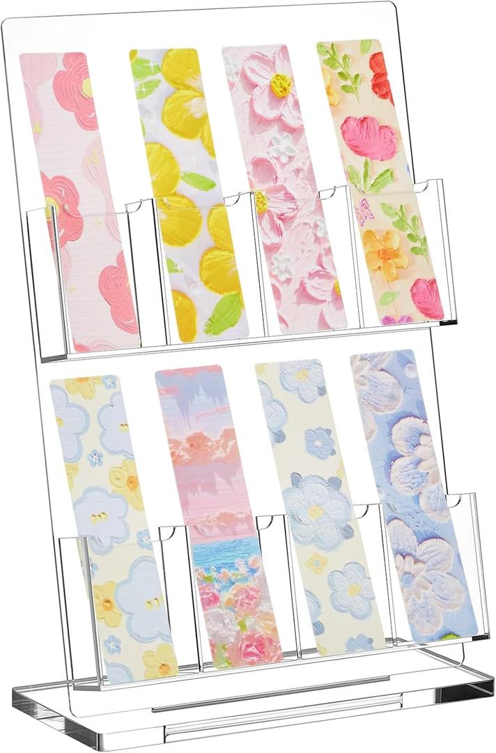 Dunzoom 1 Pc Freestanding Acrylic Bookmark Display Holder for Business Multiple No Assembly Required 2'' Bookmark Organizer Stand for Vendors Retail Store Craft Show (Two-Layer 4 Slots)