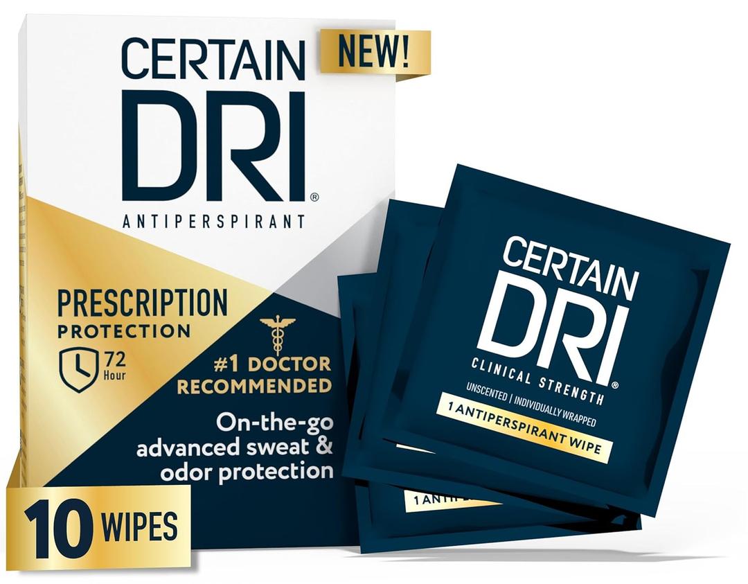 Certain Dri Antiperspirant Wipes for Excessive Sweating & Hyperhidrosis  72HR Clinical Strength Odor & Perspiration Protection, Travel-Friendly, Dermatologist Recommended, (10 Count)