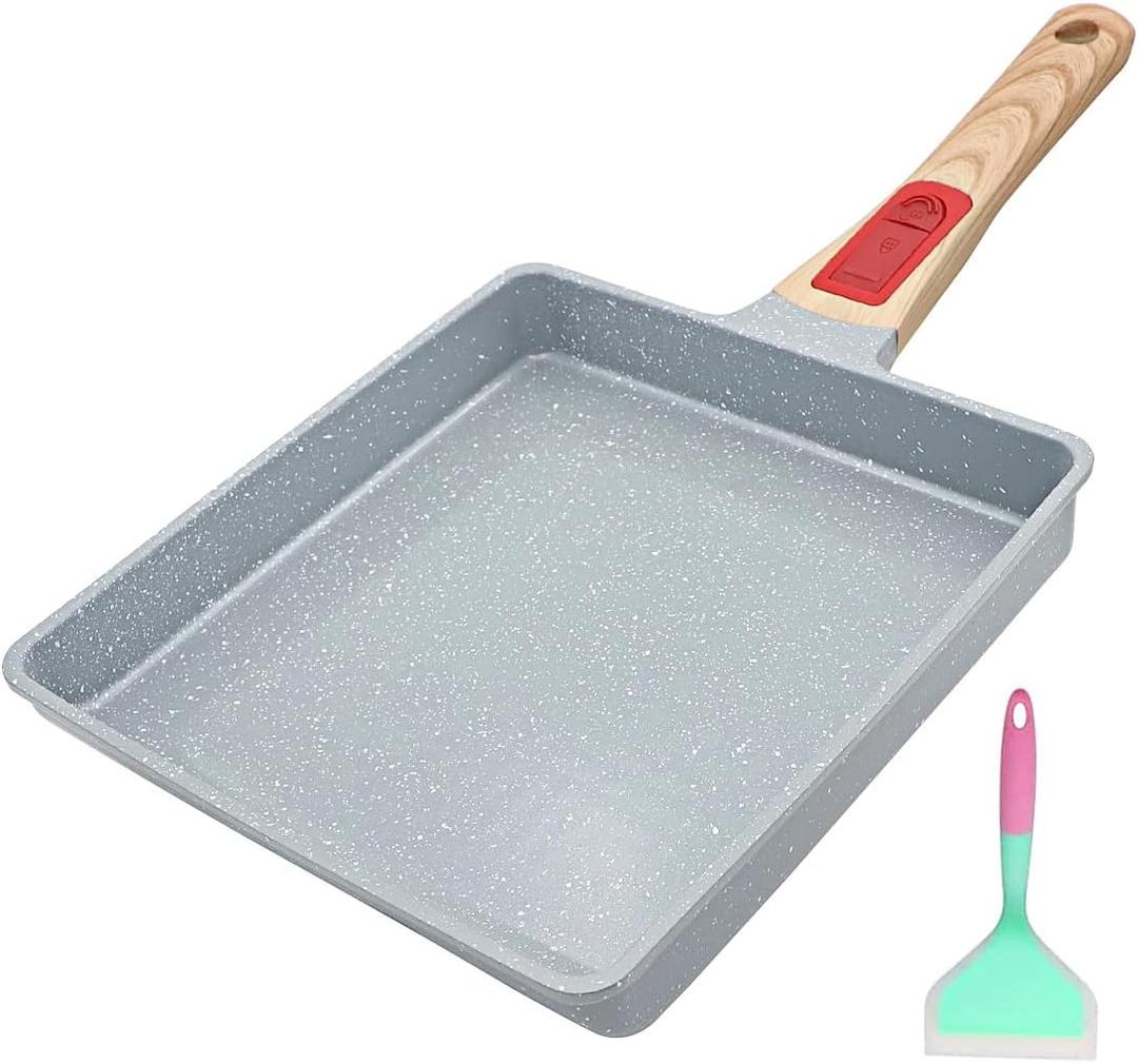 Tamagoyaki Pan Ceramic, Japanese Omelette Pan Nonstick, Japanese Egg Pan, Square Egg Pan, Induction-Ready, Detachable Handle, with Silicone Spatula, PFAS&PFOA-Free,Oven Safe,Blue,9"x8.2"