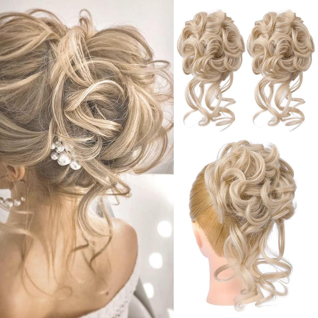 HOOJIH 2PCS Messy Bun Hair Piece, Tousled Updo with Tendrils Hair Bun Extensions Wavy Curly Hair Wrap Ponytail Hairpieces Hair Scrunchies for Women HB010 Dasiy - Light Golden Blonde