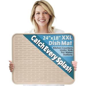 XXL Silicone Dish Drying Mat for Kitchen Counter or Under Sink, 24" x 18" Extra Large, Waterproof Pet Feeding Mat, Dog Food, Water Bowls, Under Drying Racks for Dishes, Coffee Bars, Bar Mats (Beige)