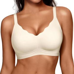 Vertvie Women Seamless Jelly Bras No Underwire Supportive Wireless Push Up Full Coverage Bralette Comfy Scalloped T-Shirt Bra (Cream White, X-Large)